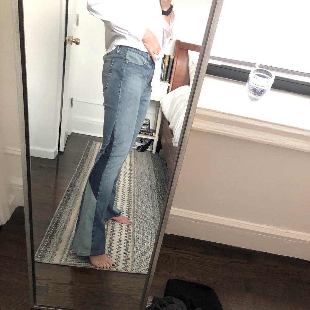 FRAME DENIM LE HIGH FLARE DIAGONAL BLOCK JEANS